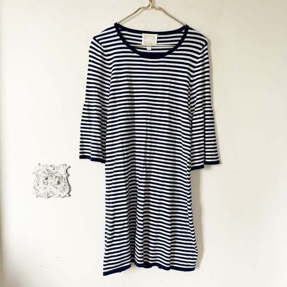 Sail to Sable Navy and White Striped Bell Sleeve Sweater Dress M - Picture 2 of 6